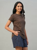 Women's Brown 100% Cotton Slim Fit Tshirt