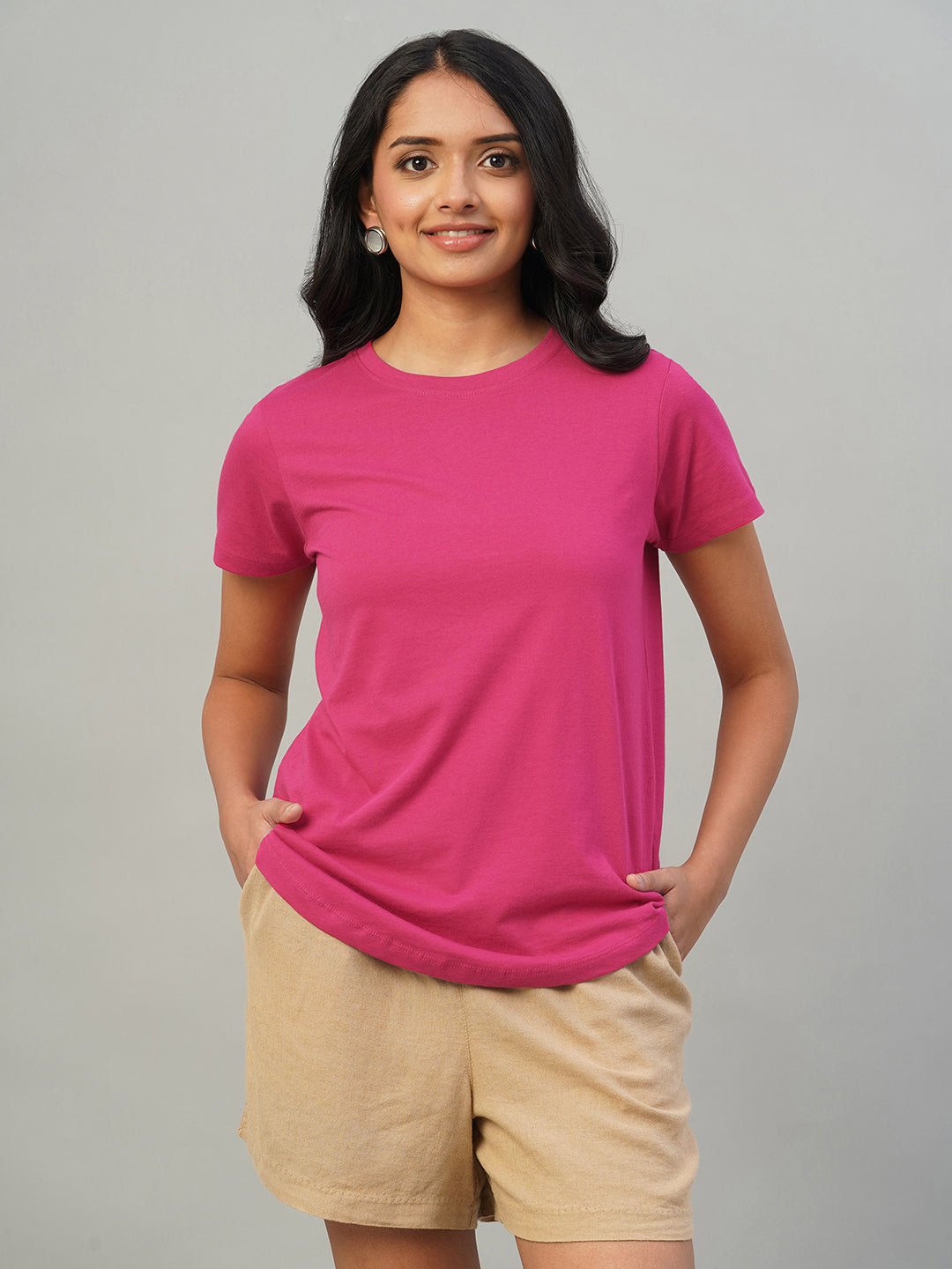 Women's Pink 100% Cotton Slim Fit Tshirt