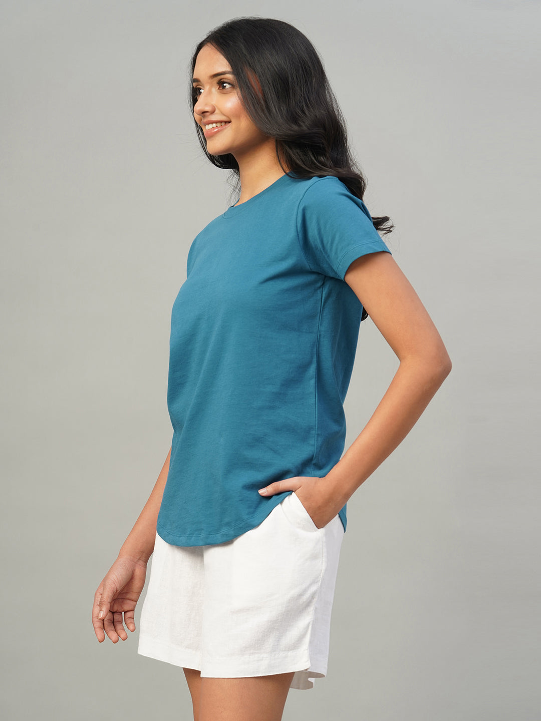 Women's Teal Blue 100% Cotton Slim Fit Tshirt