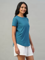 Women's Teal Blue 100% Cotton Slim Fit Tshirt