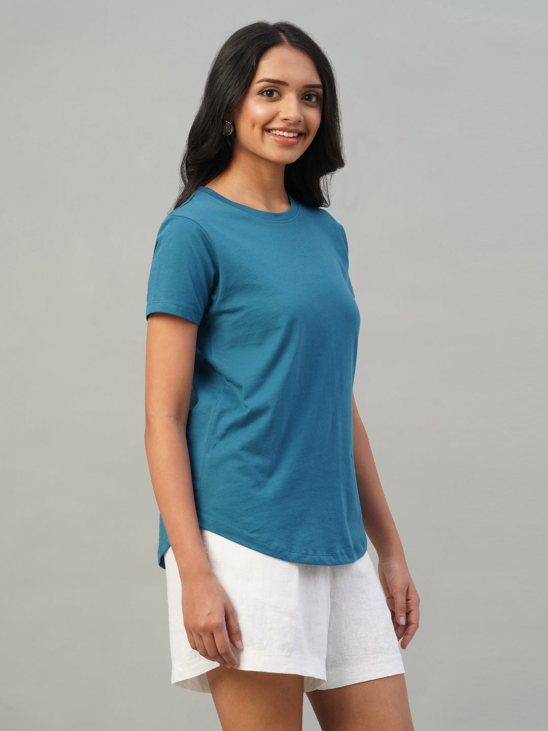 Women's Teal Blue 100% Cotton Slim Fit Tshirt