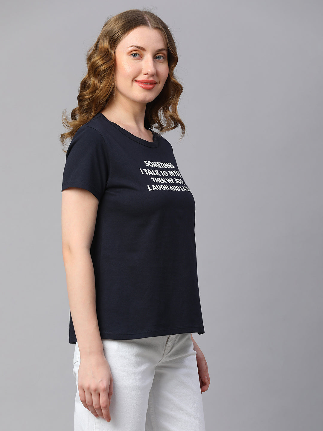 Women's Navy Cotton Regular Fit Tshirt