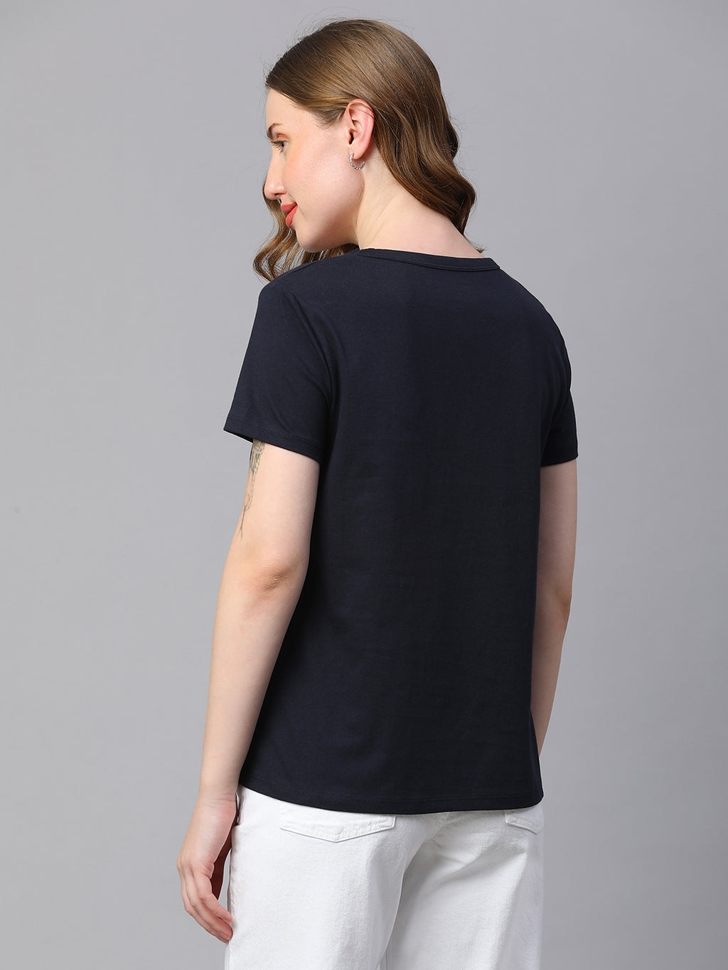 Women's Navy Cotton Regular Fit Tshirt