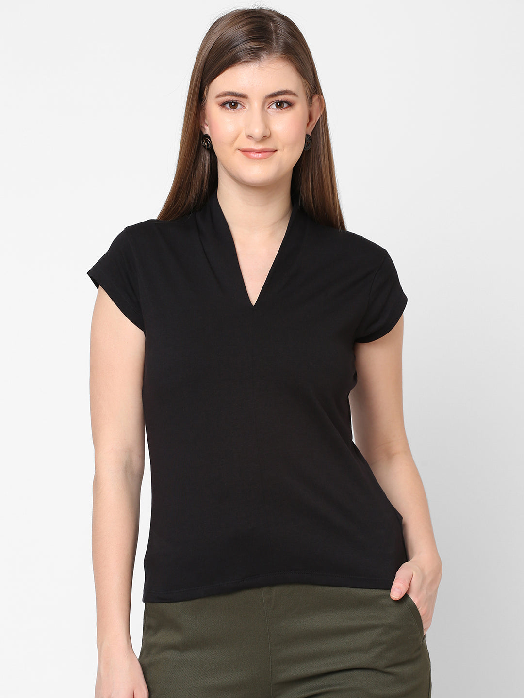 Women's Black Cotton Elastane Slim Fit Tshirt