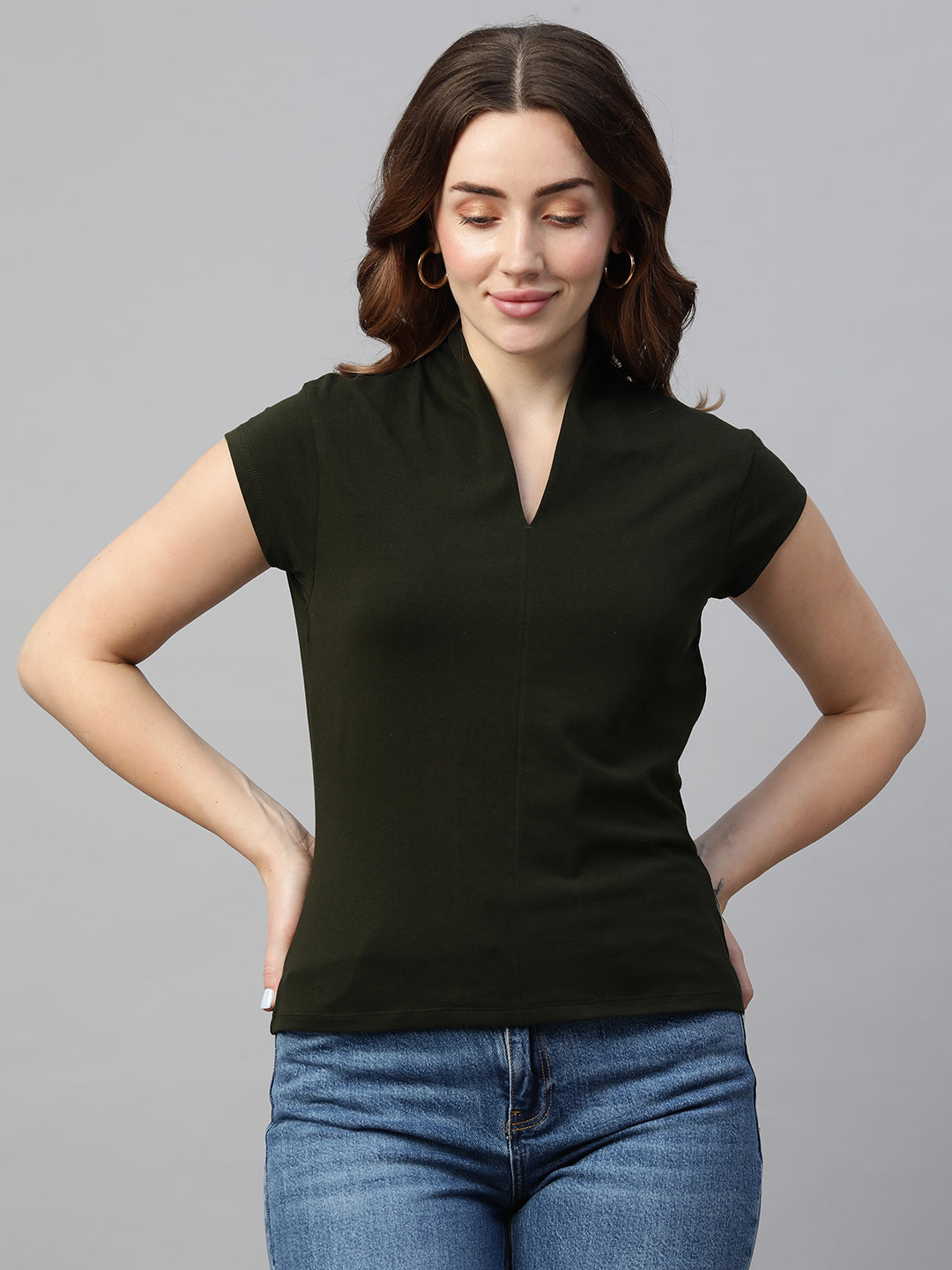 Women's Green Cotton Elastane Slim Fit Tshirt