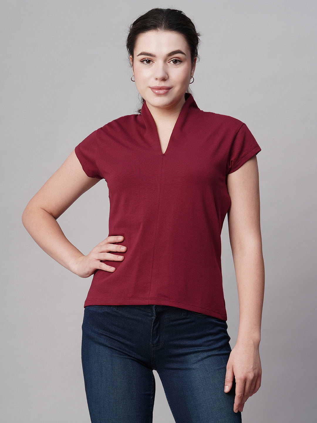 Women's Red Cotton Elastane Slim Fit Tshirt