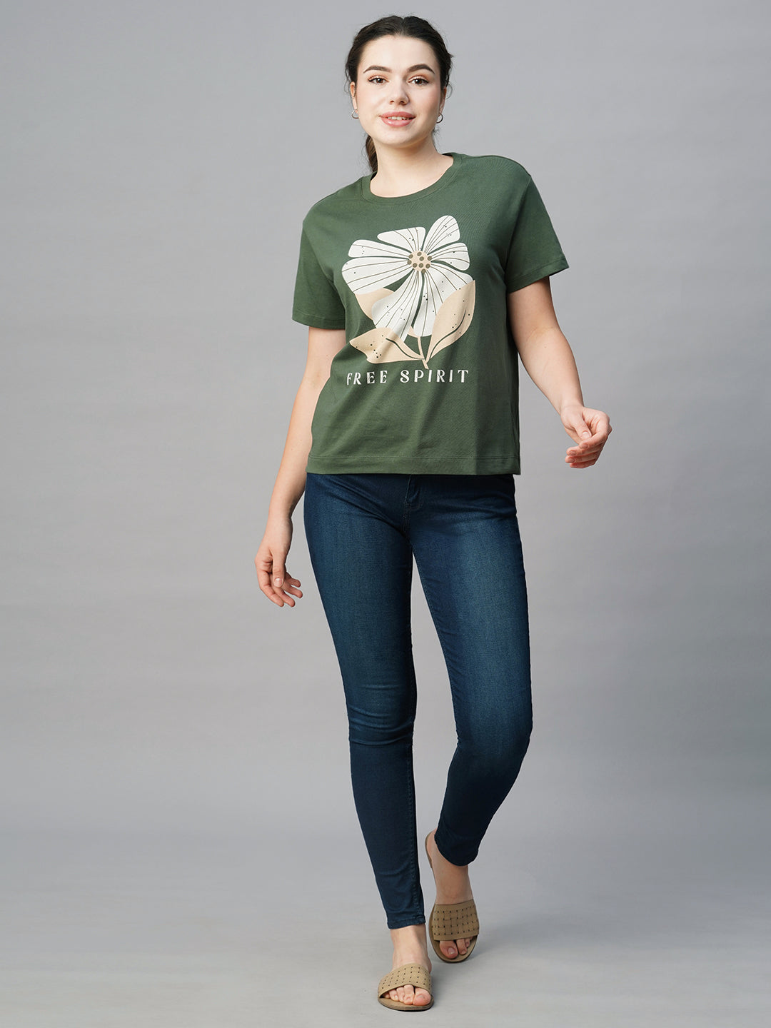 Women's Green Cotton Regular Fit Tshirt