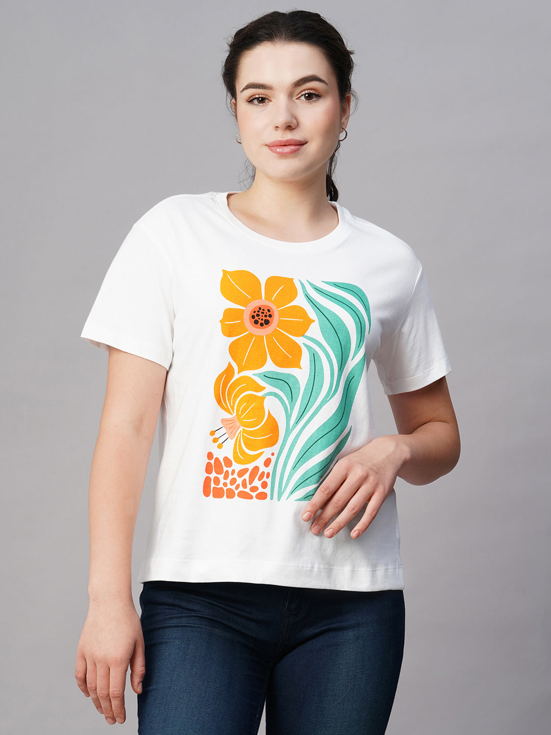 Women's White Cotton Regular Fit Tshirt