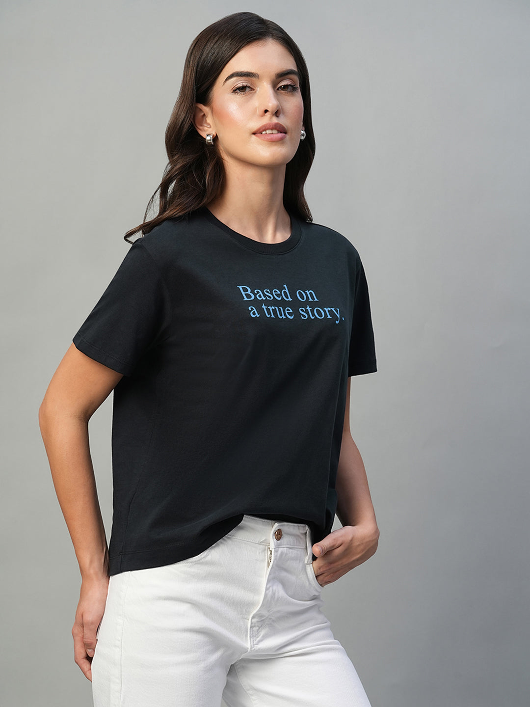Women's Navy 100% Cotton Regular Fit Tshirt