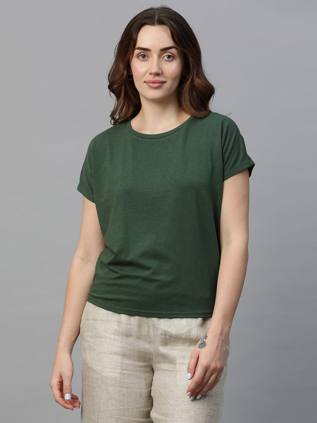 Women's Green Cotton Bamboo Elastane Regular Fit Tshirt