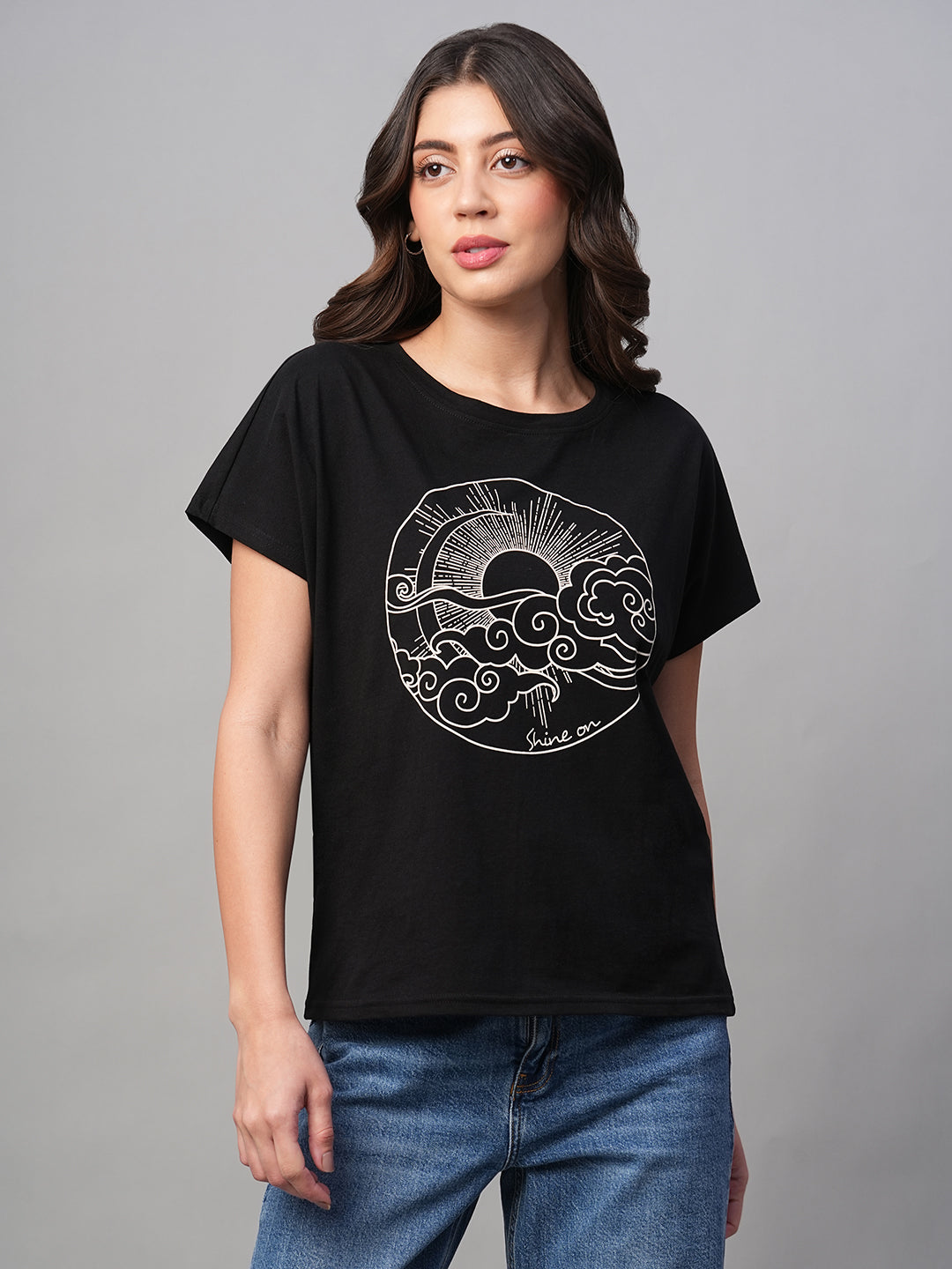 Women's Black 100% Cotton Regular Fit Tshirt