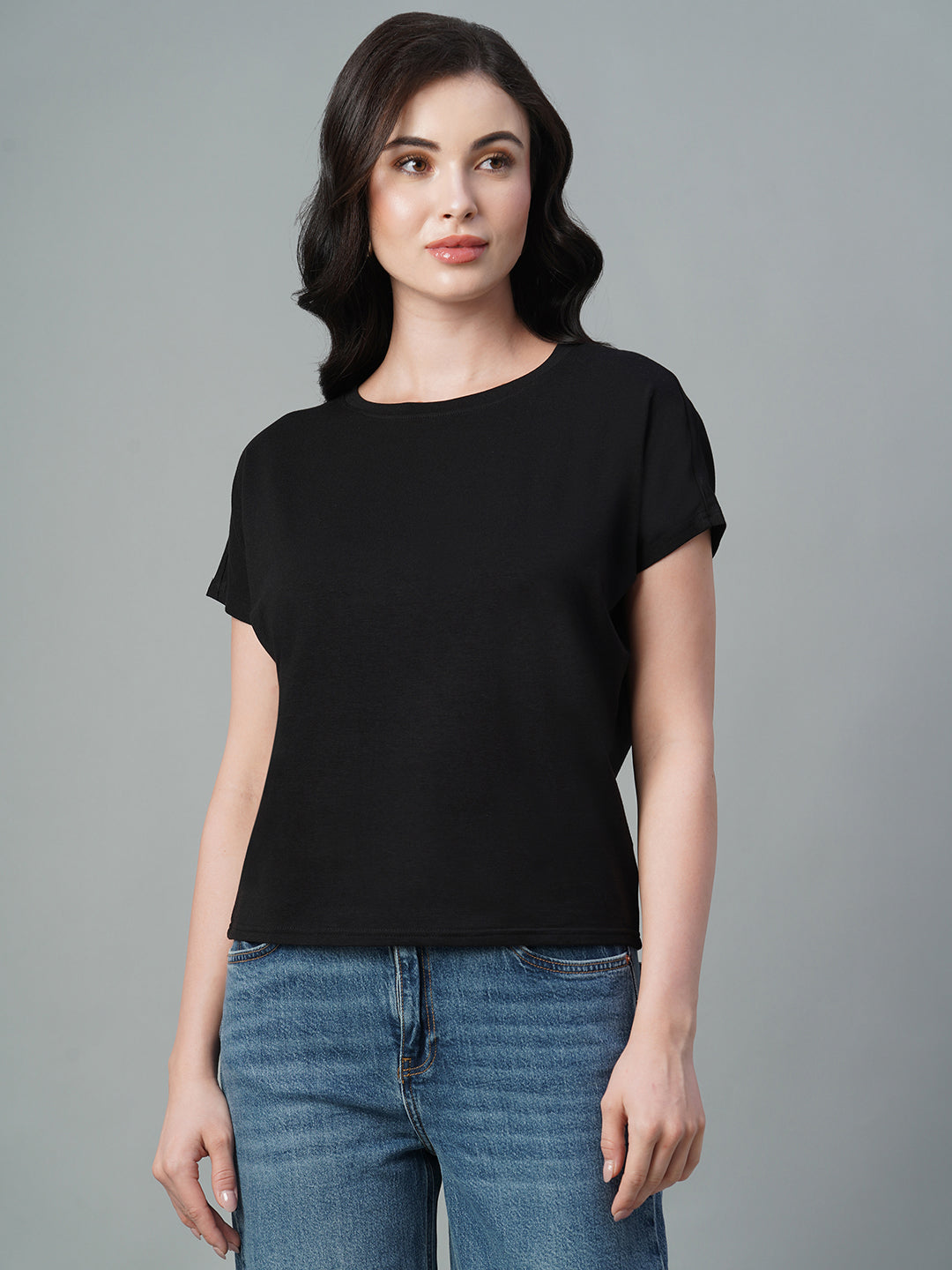 Women's Black Cotton Bamboo Elastane Regular Fit Tshirt