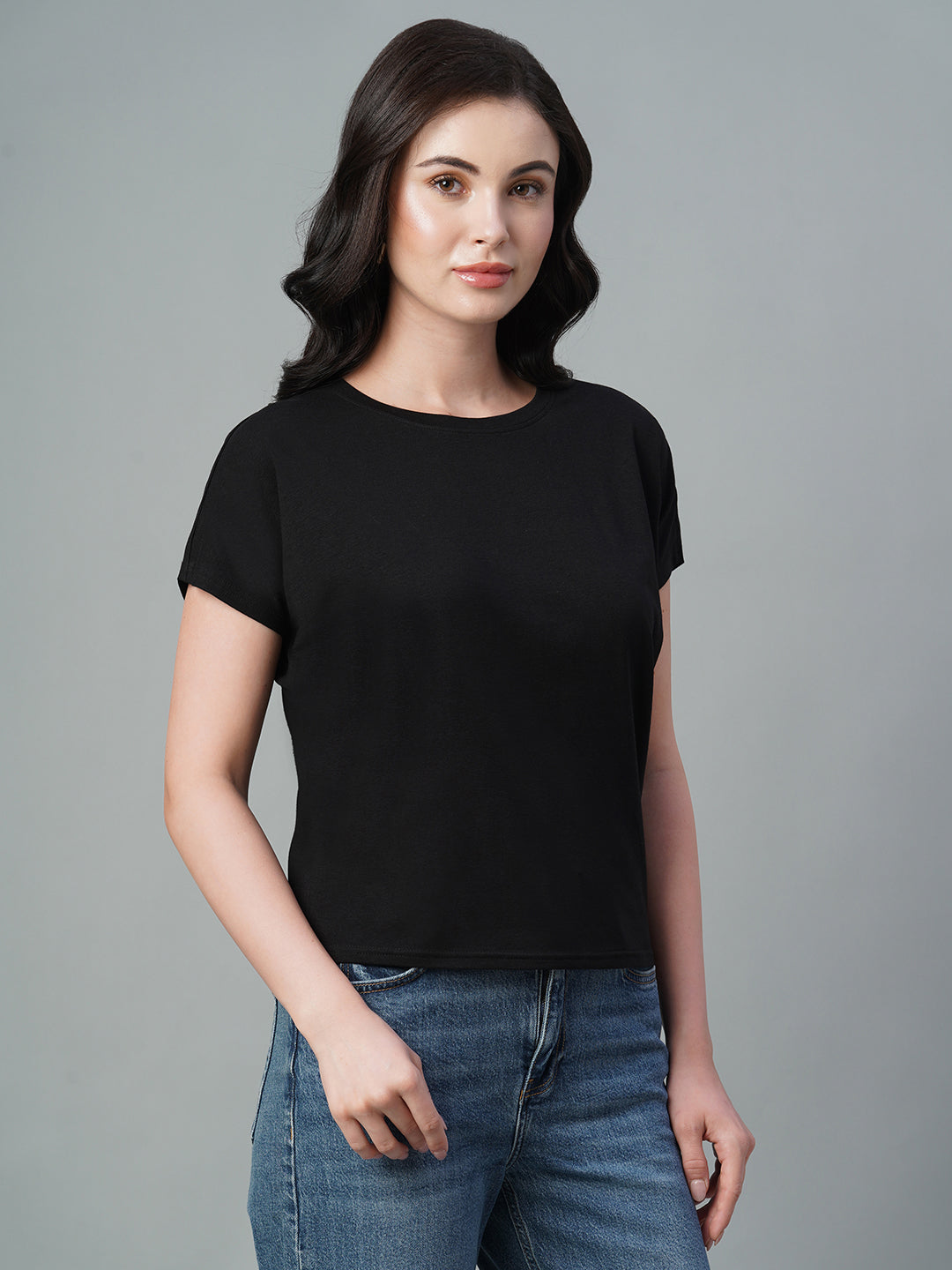 Women's Black Cotton Bamboo Elastane Regular Fit Tshirt