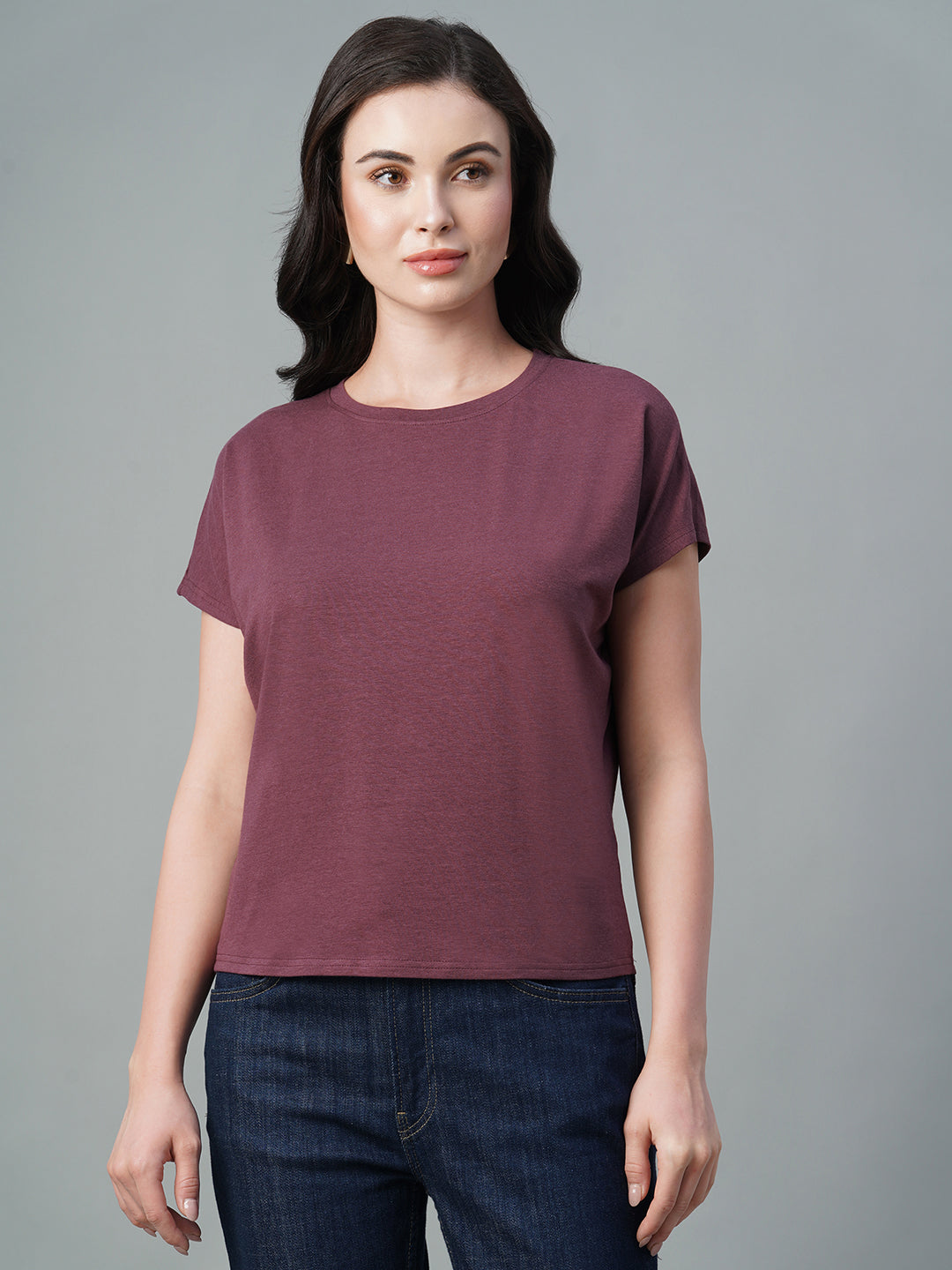 Women's Wine Cotton Bamboo Elastane Regular Fit Tshirt