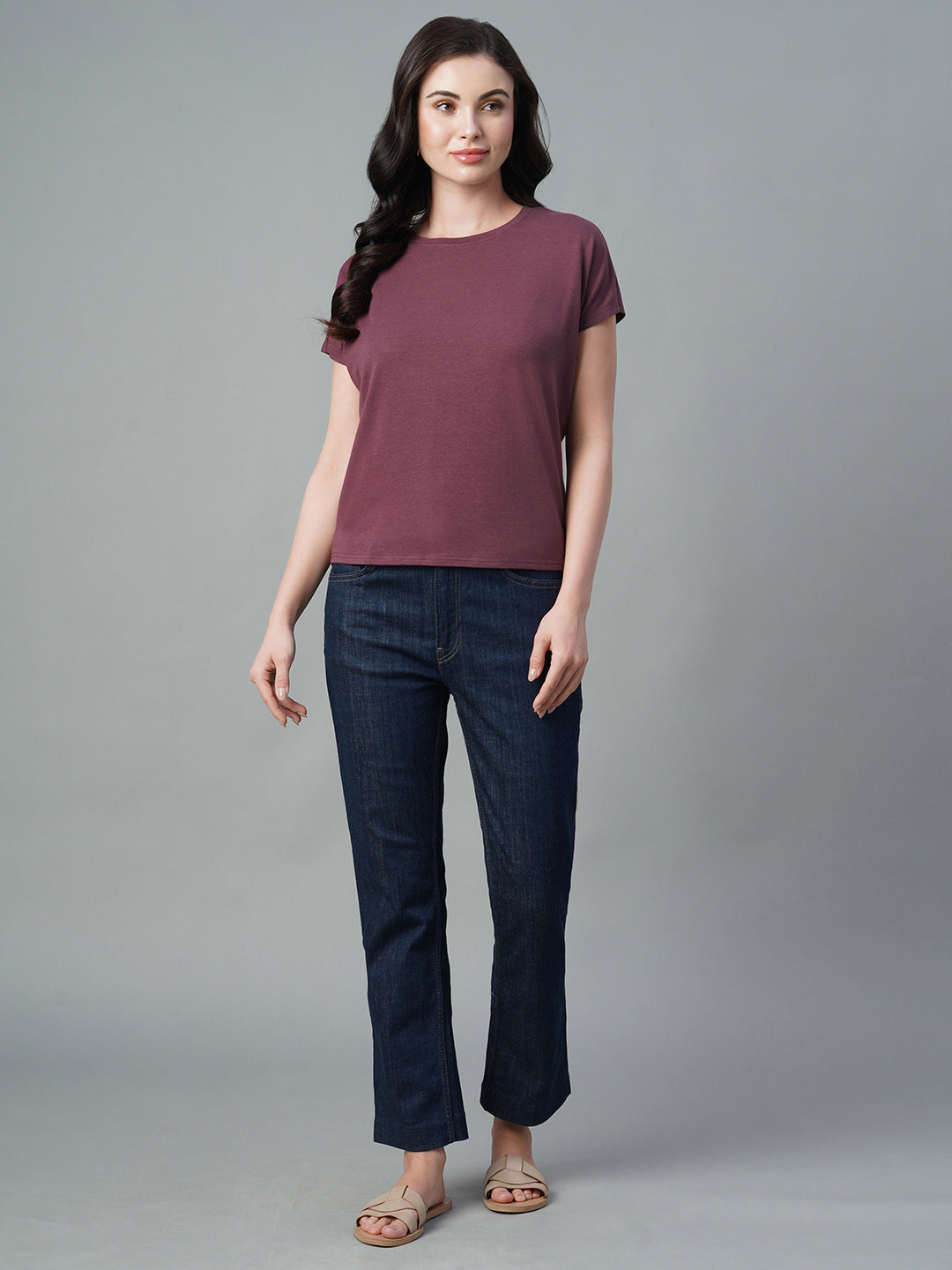 Women's Wine Cotton Bamboo Elastane Regular Fit Tshirt