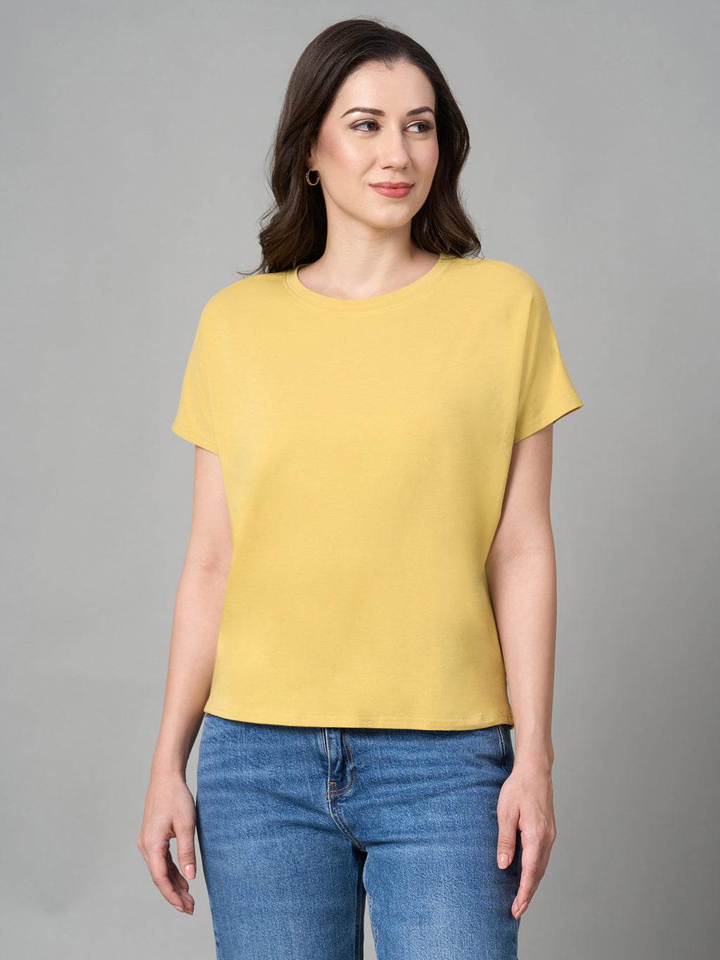 Women's Mustard Cotton Bamboo Elastane Regular Fit Tshirt