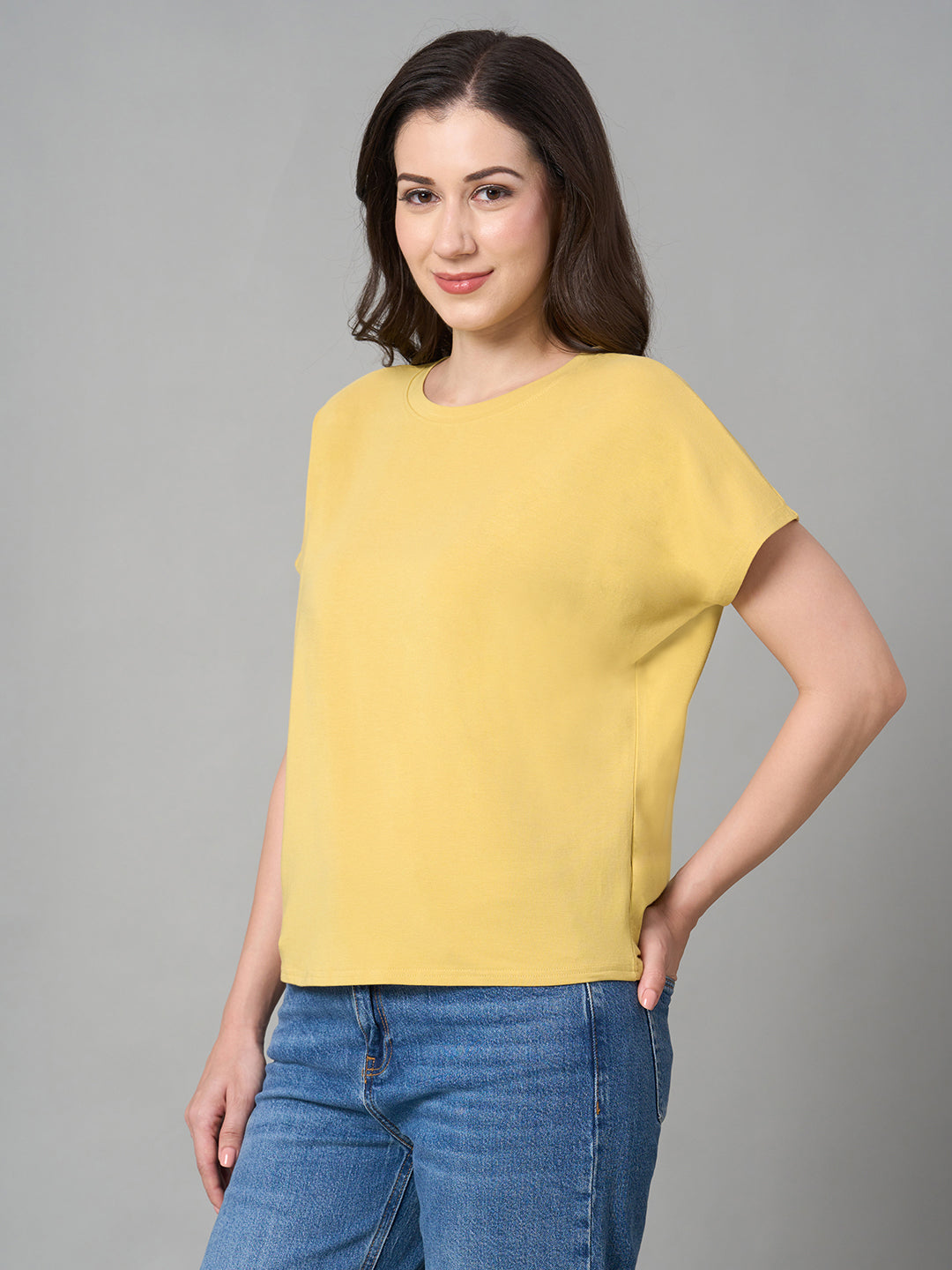 Women's Mustard Cotton Bamboo Elastane Regular Fit Tshirt