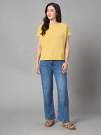 Women's Mustard Cotton Bamboo Elastane Regular Fit Tshirt