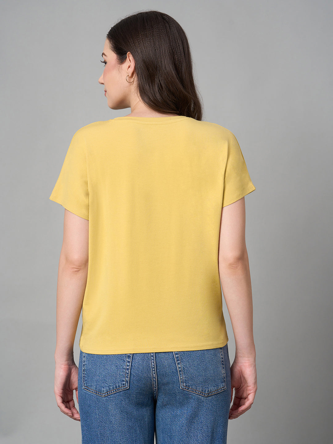 Women's Mustard Cotton Bamboo Elastane Regular Fit Tshirt