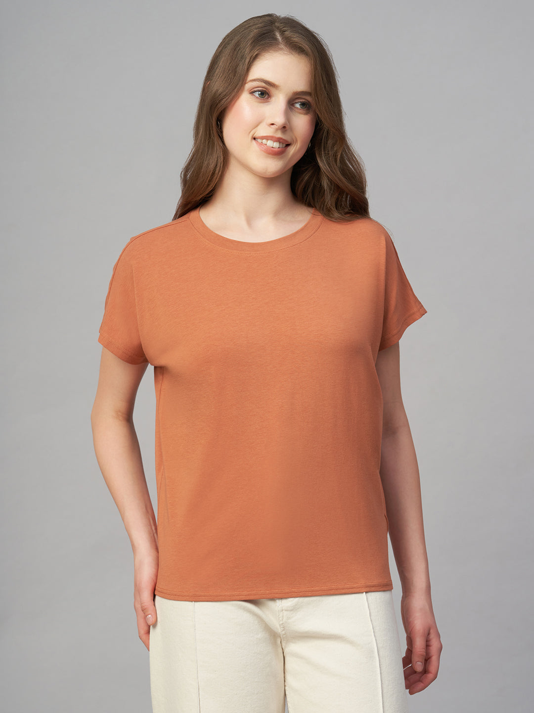 Women's Rust Cotton Bamboo Elastane Regular Fit Tshirt