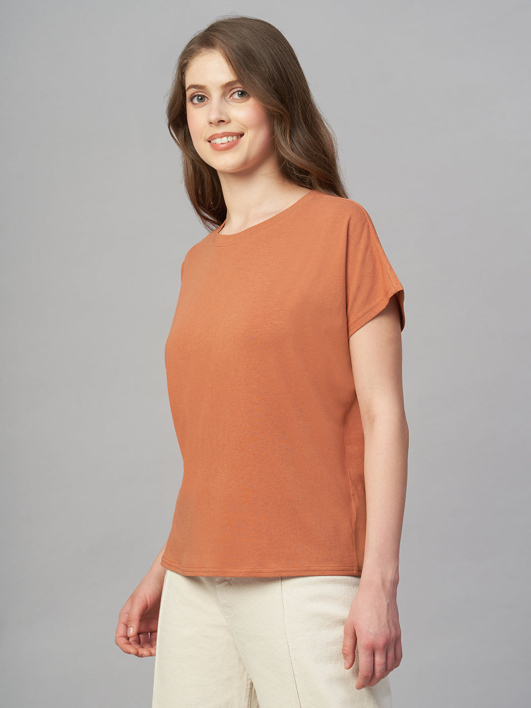 Women's Rust Cotton Bamboo Elastane Regular Fit Tshirt