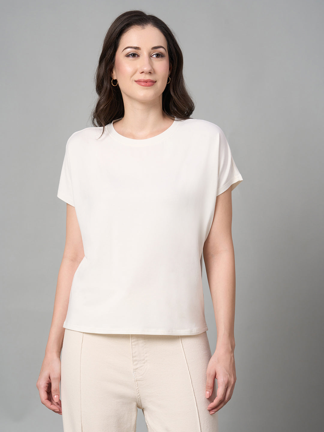 Women's White Cotton Bamboo Elastane Regular Fit Tshirt