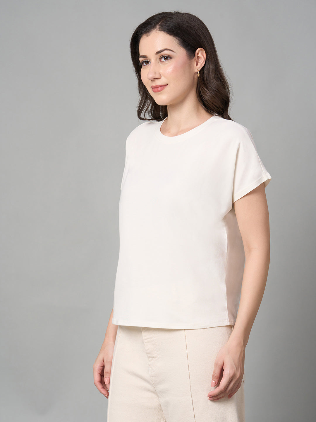 Women's White Cotton Bamboo Elastane Regular Fit Tshirt