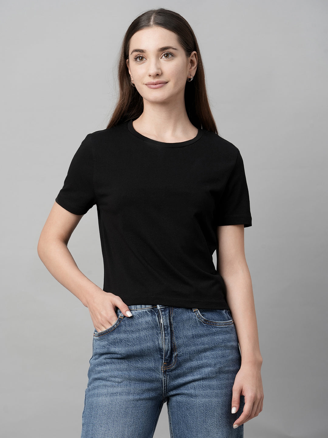 Women's Black Cotton Elastane Regular Fit Tshirt