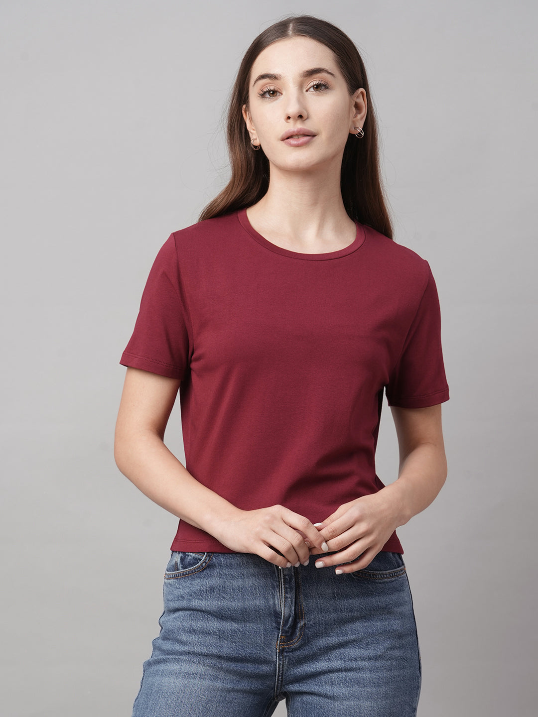 Women's Red Cotton Elastane Regular Fit Tshirt