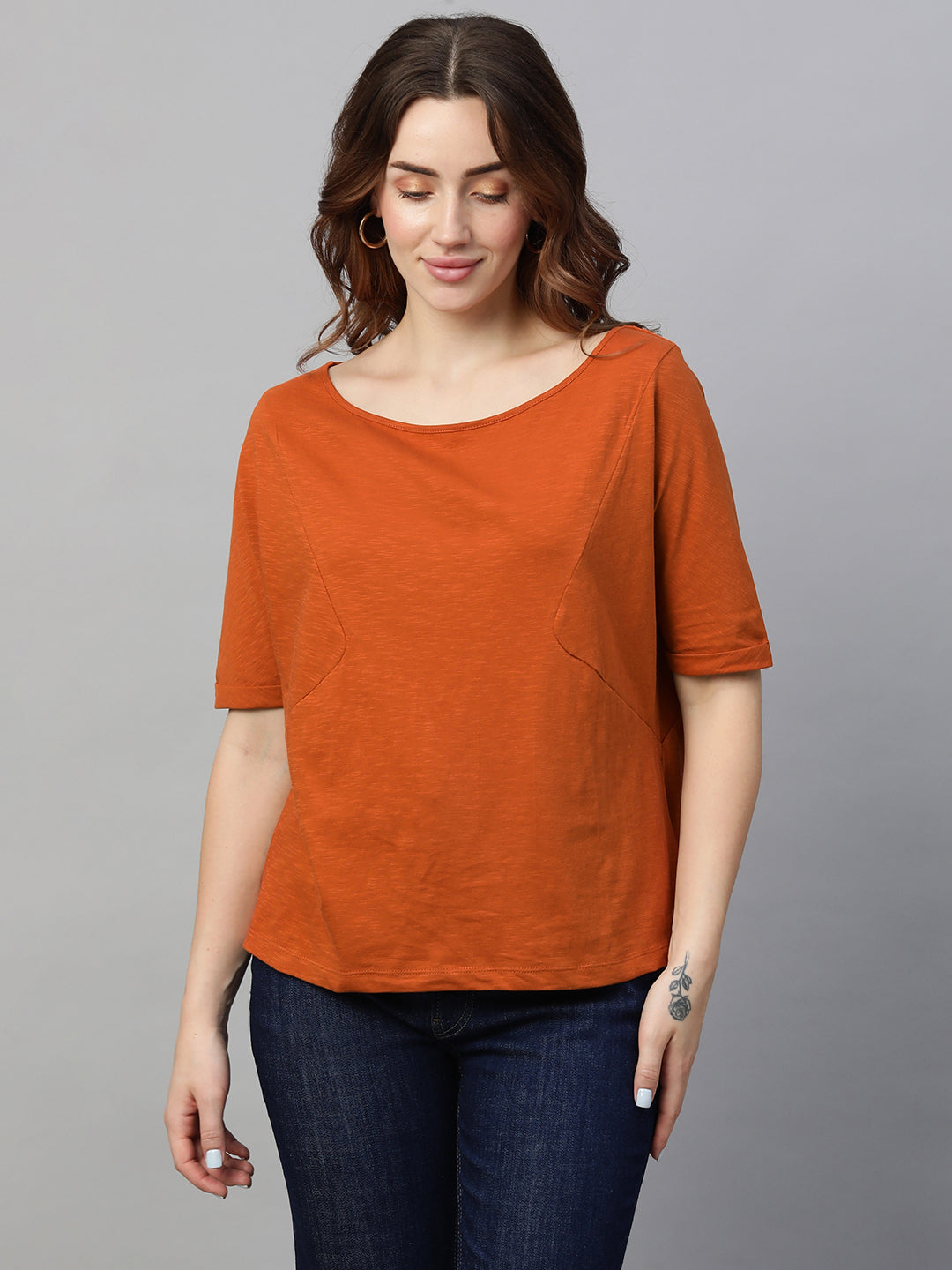 Women's Rust Cotton Regular Fit Tshirt