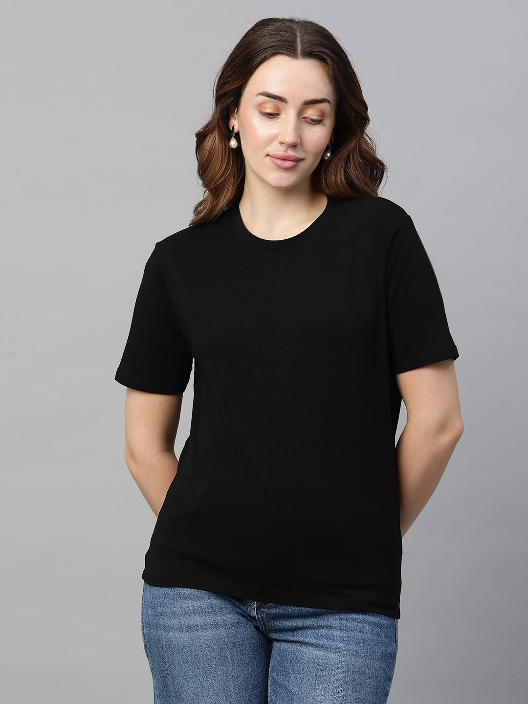 Women's Black Cotton Bamboo Elastane Regular Fit Tshirt