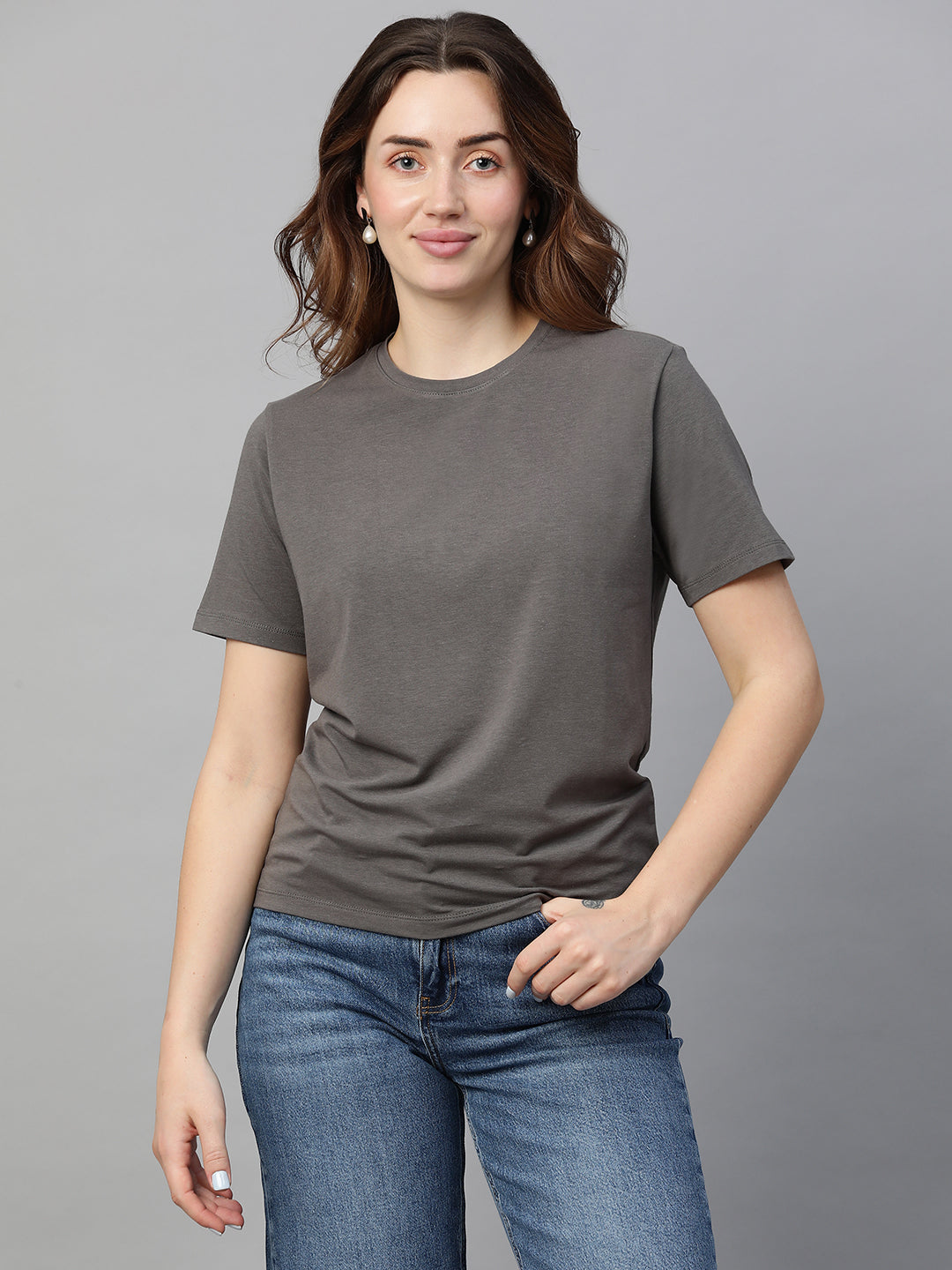 Women's Grey Cotton Bamboo Elastane Regular Fit Tshirt