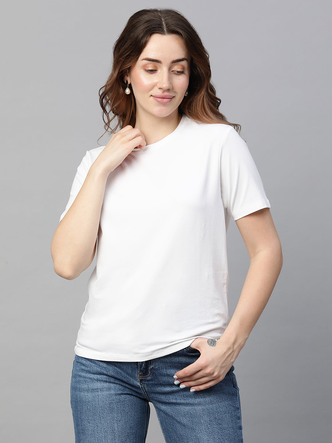 Women's White Cotton Bamboo Elastane Regular Fit Tshirt