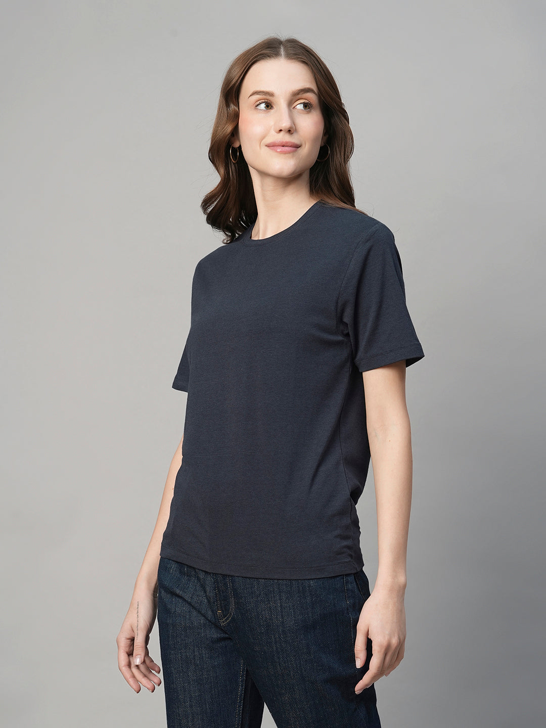 Women's Navy Cotton Bamboo Regular Fit Tshirt