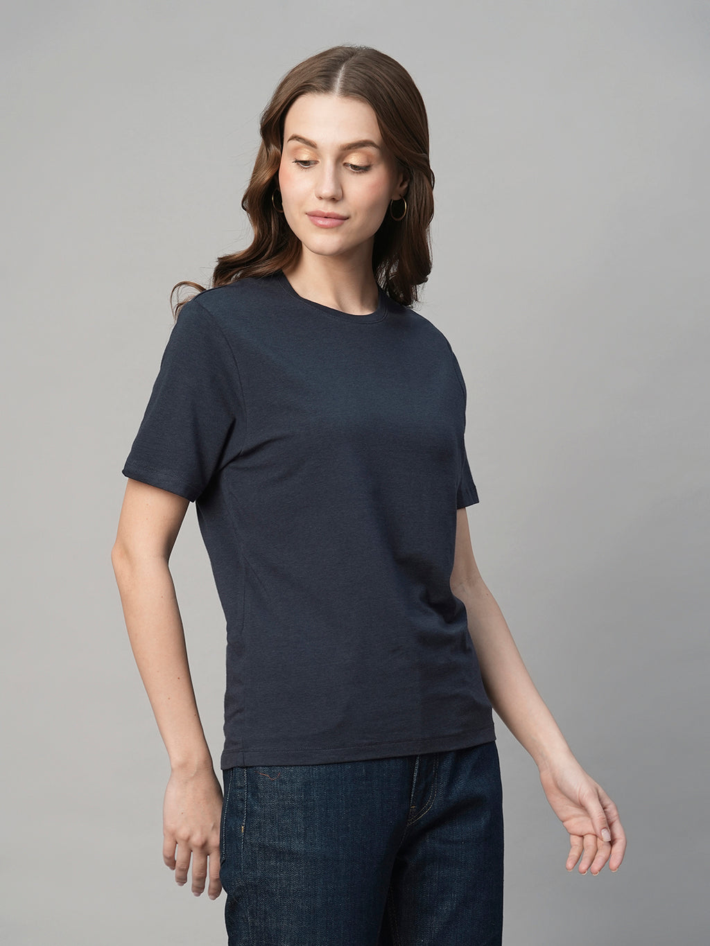 Women's Navy Cotton Bamboo Regular Fit Tshirt