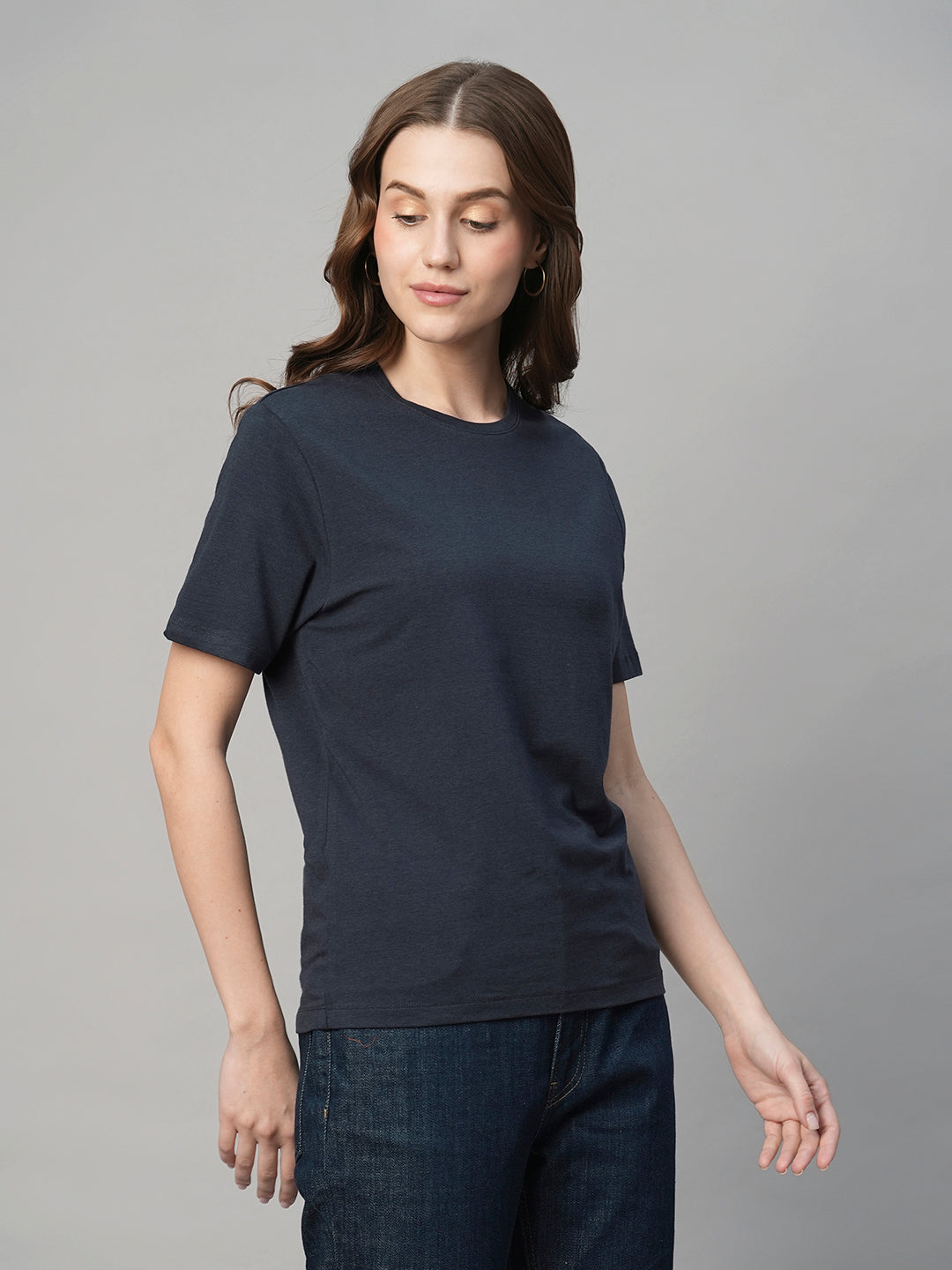 Women's Navy Cotton Bamboo Regular Fit Tshirt