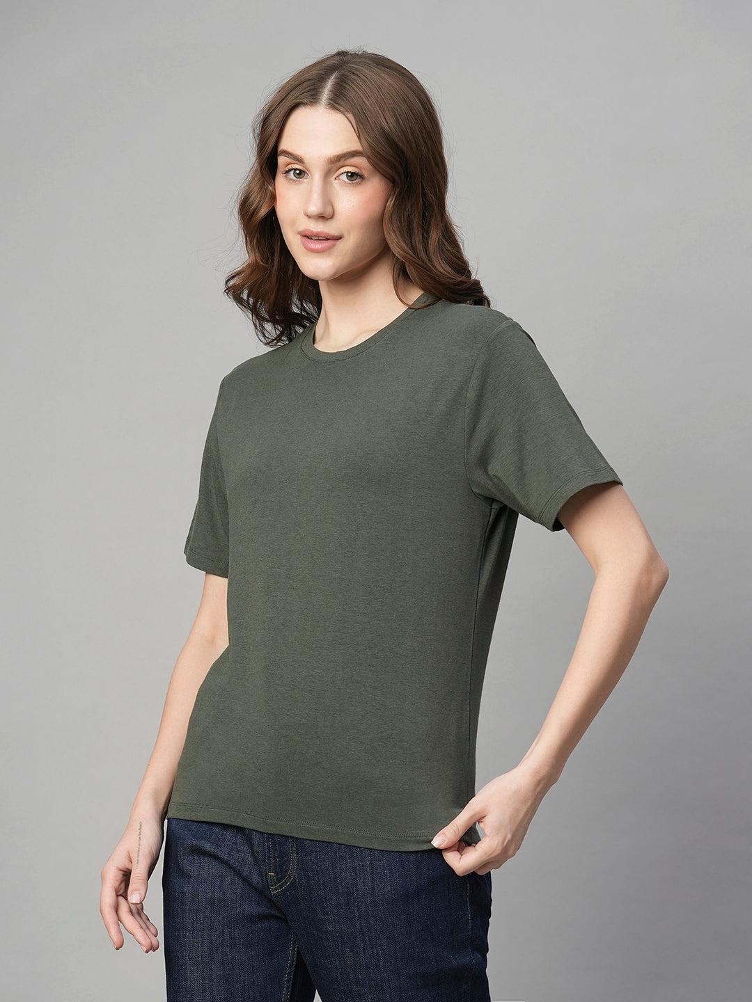 Women's Olive Cotton Bamboo Regular Fit Tshirt