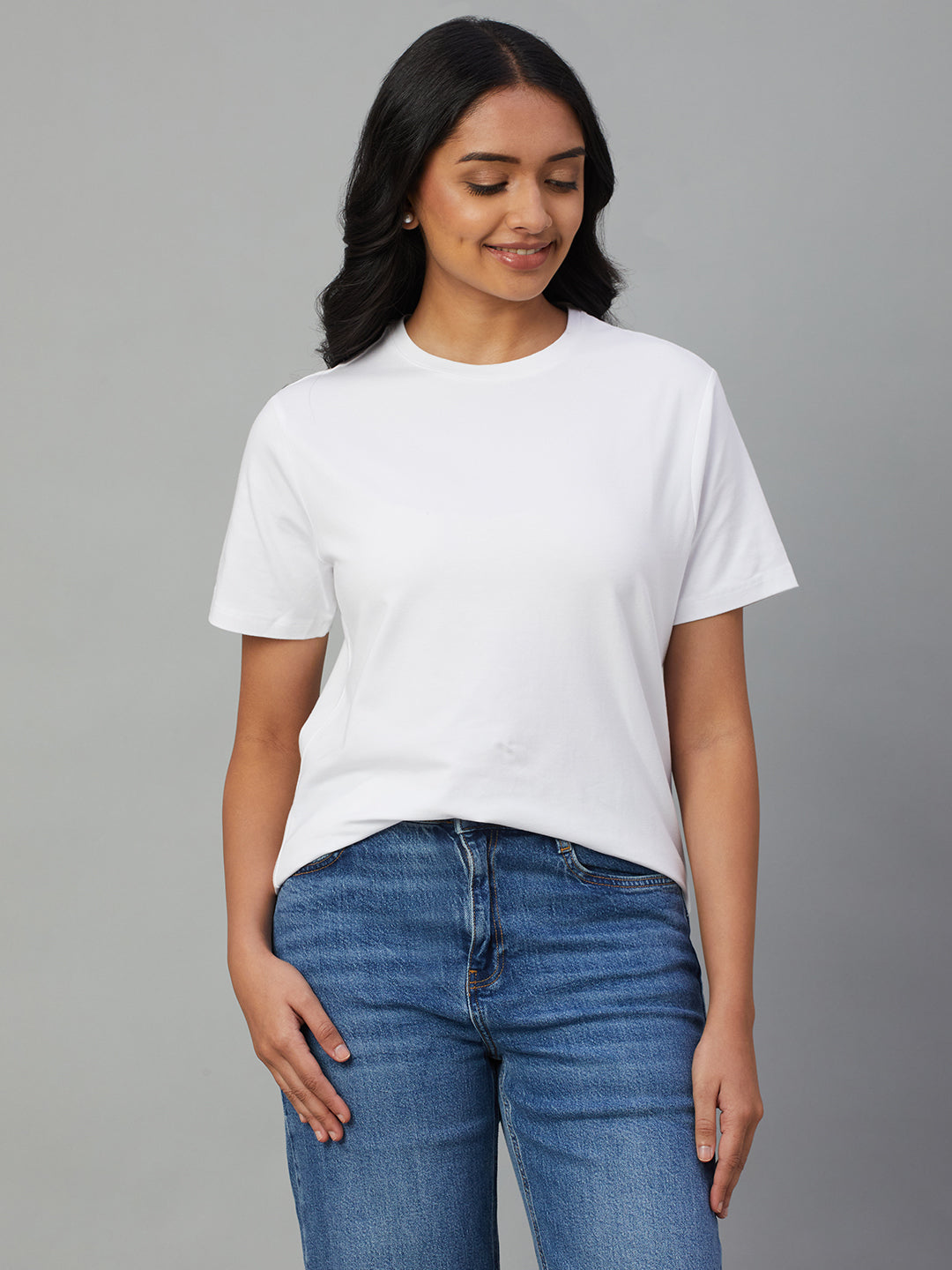 Women's White Cotton Bamboo Elastane Regular Fit Tshirt
