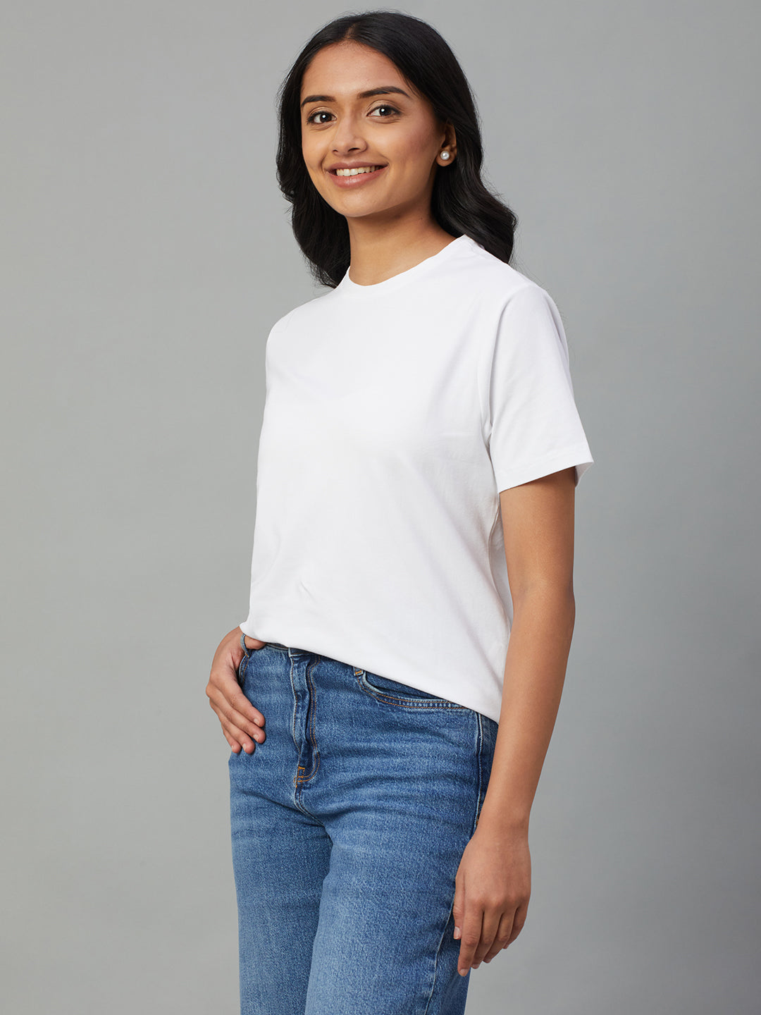 Women's White Cotton Bamboo Elastane Regular Fit Tshirt