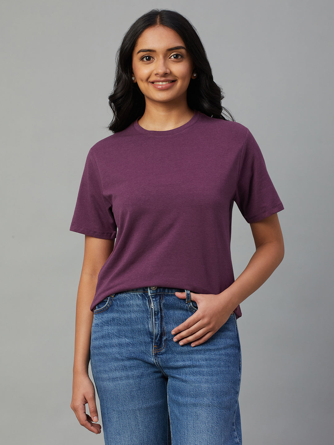 Women's Wine Cotton Bamboo Elastane Regular Fit Tshirt