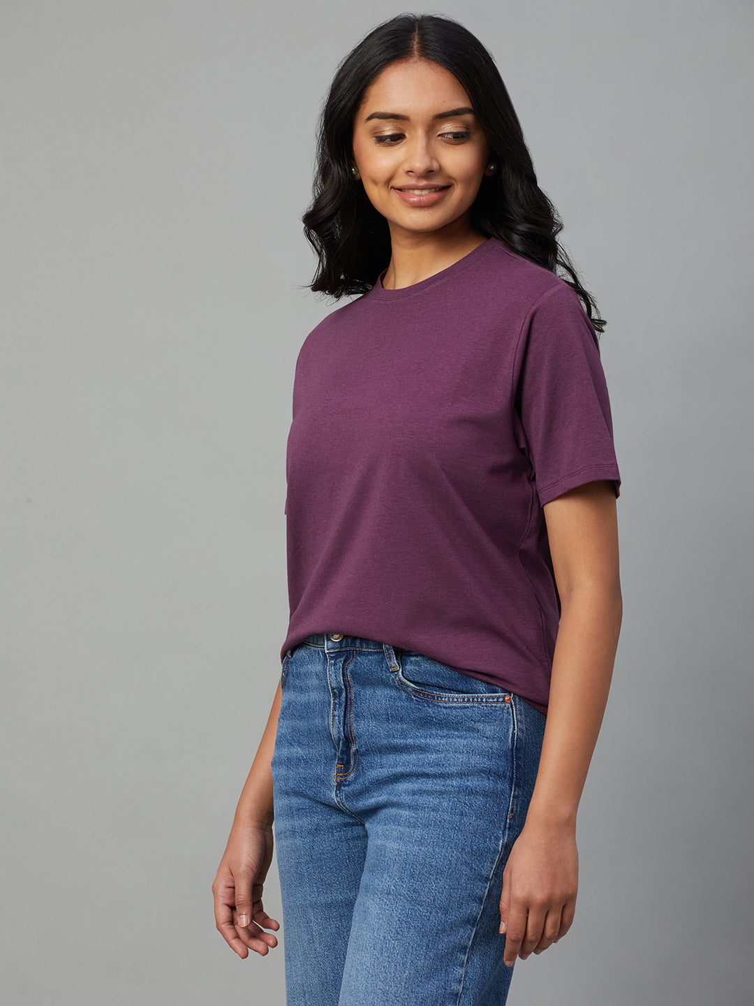 Women's Wine Cotton Bamboo Elastane Regular Fit Tshirt