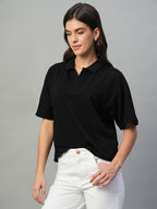 Women's Black Cotton Elastane Regular Fit Tshirt
