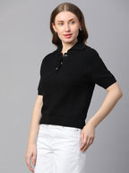 Women's Black Cotton Regular Fit Tshirt