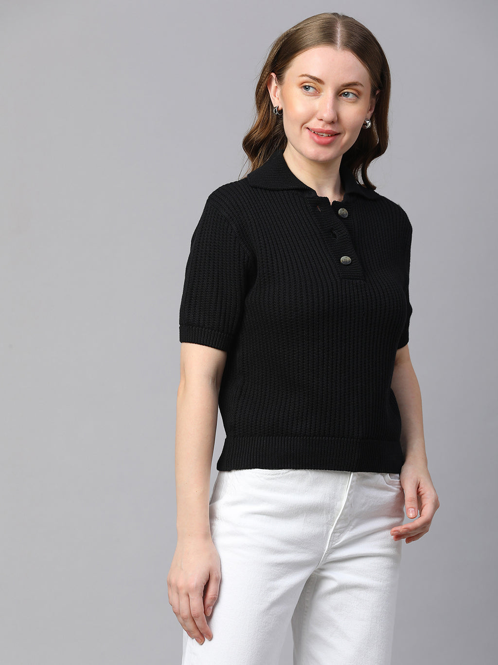 Women's Black Cotton Regular Fit Tshirt