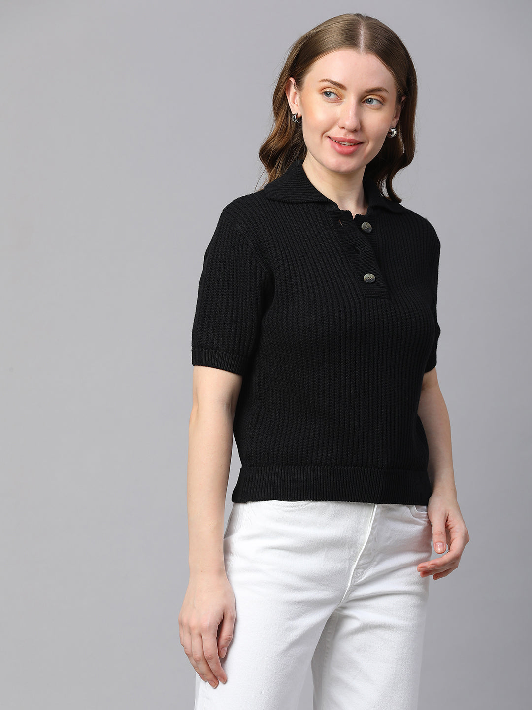 Women's Black Cotton Regular Fit Tshirt