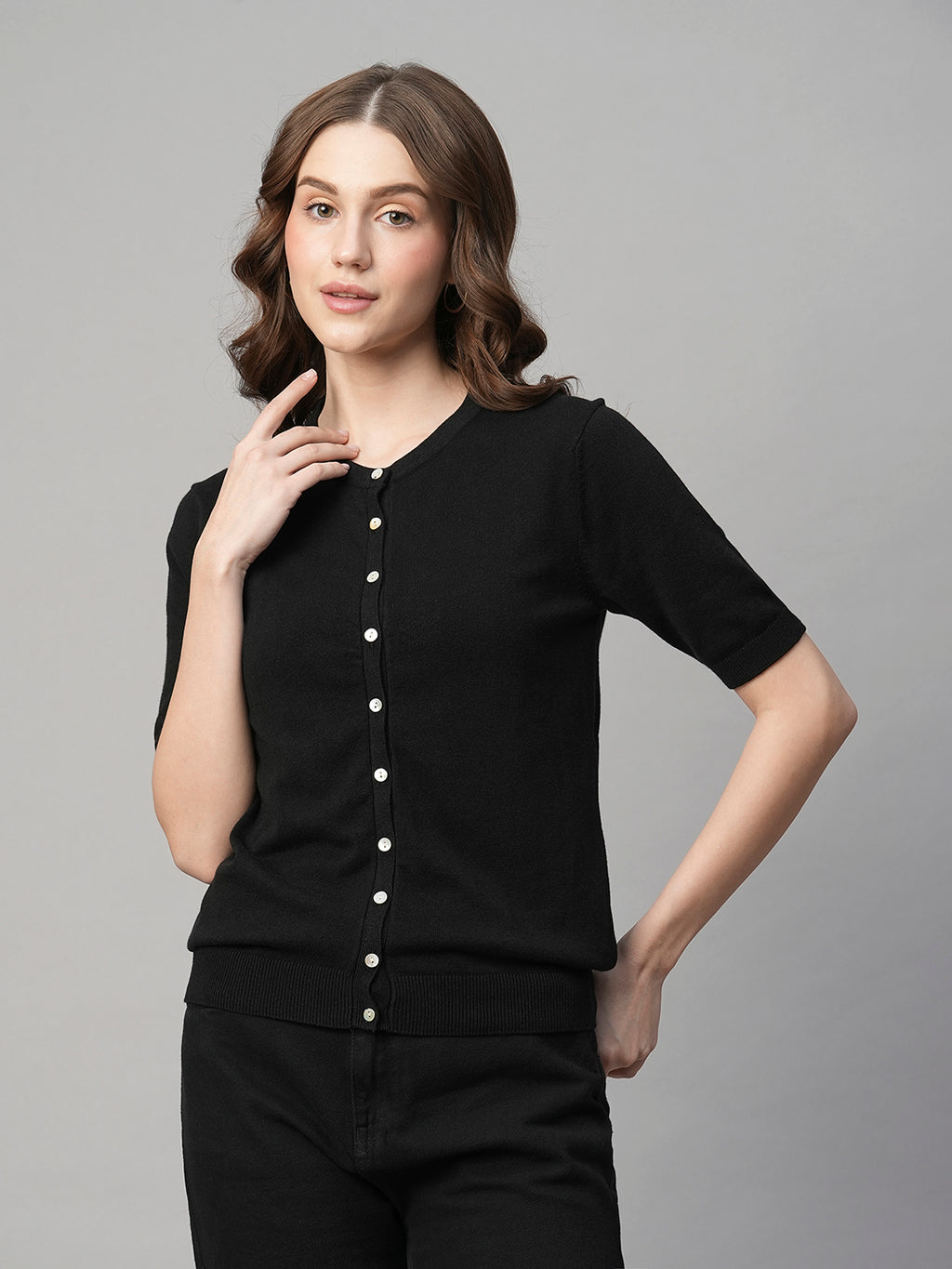 Women's Black Cotton Viscose Regular Fit Tshirt