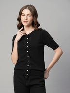 Women's Black Cotton Viscose Regular Fit Tshirt