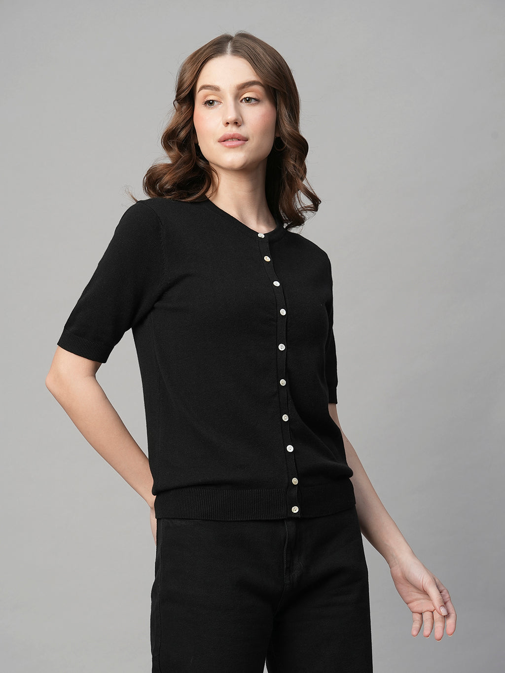 Women's Black Cotton Viscose Regular Fit Tshirt