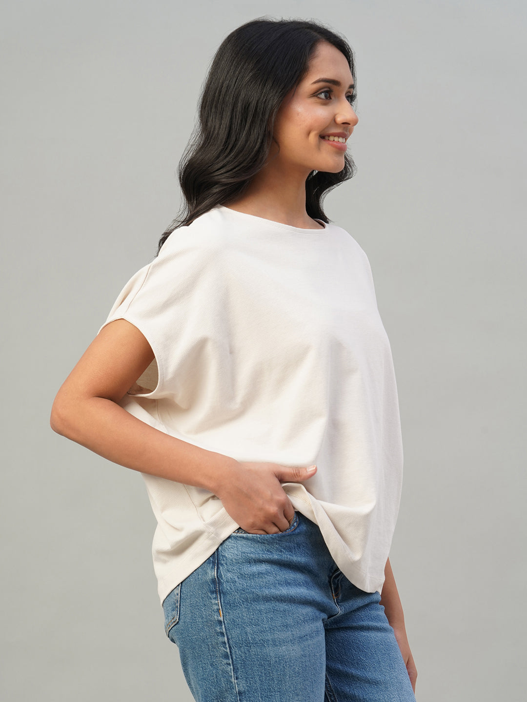 Women's Light Grey 100% Cotton Loose Fit Tshirt