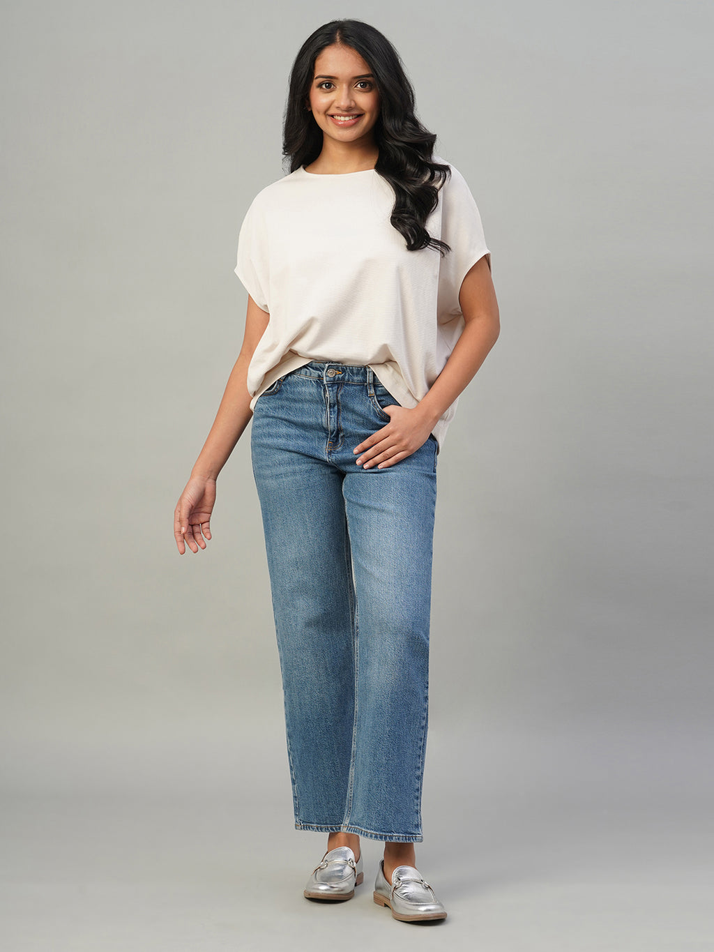 Women's Light Grey 100% Cotton Loose Fit Tshirt